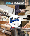Blue benchtop wood lathe for turning wood, with tailstock and tool rest.