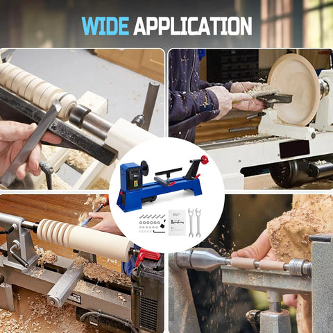 Blue benchtop wood lathe for turning wood, with tailstock and tool rest.