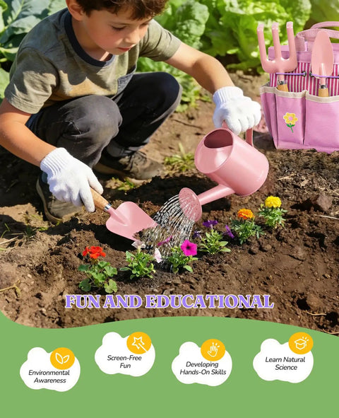 Child using 8 Piece Kids Gardening Set With Real Metal Tools Metal Basket And Tote Gloves Watering Can Shovels Rake And Ergonomic Wooden Handles For STEM Outdoor Exploration Fun Hands On Gift For Toddlers And Kids.