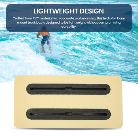 Beefy Lightweight PVC Foam Box For Hydrofoil Mounting, Stable Track Rail Box with black tracks against ocean background