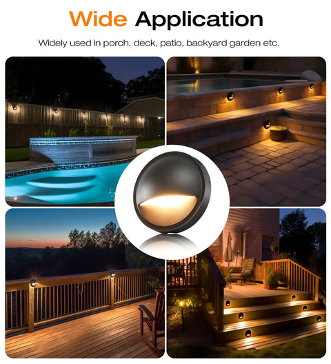 Six Pack Outdoor Low Voltage LED Deck Lights with Three Color Temperatures illuminating stairs and garden, waterproof aluminum housing.
