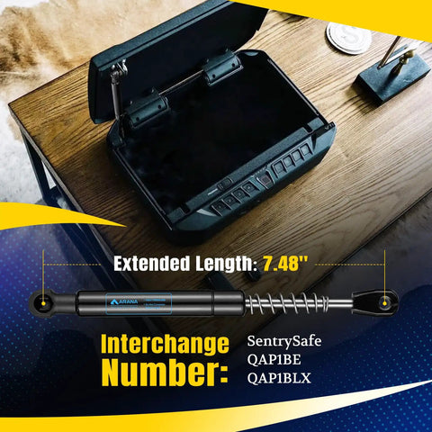 7.5 Inch Gas Strut Replacement For Sentry Safe Boxes Fits Interchange QAP1BE QAP1BLX on safe box lid next to accessories