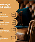 Coverage chart on brown leather sofa showing usage of Leather Repair Paint Kit For Furniture And Car Seats 2 In 1 Seal And Color