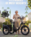 Long Range Electric Trike For Adults With 998.4Wh Battery And 1200W Peak Motor Fat 20x4.0 Tires Foldable 3 Wheel Butterfly Handlebar Built In Storage Bags Comfortable Upright Ride Black, rider height guide