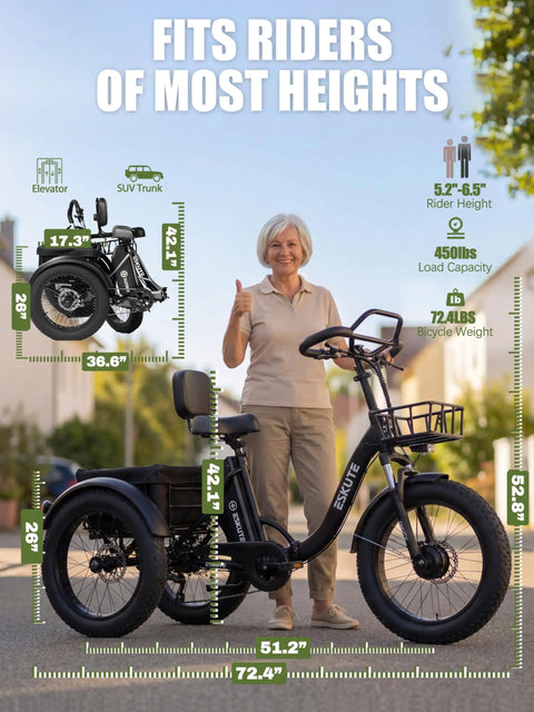 Long Range Electric Trike For Adults With 998.4Wh Battery And 1200W Peak Motor Fat 20x4.0 Tires Foldable 3 Wheel Butterfly Handlebar Built In Storage Bags Comfortable Upright Ride Black, rider height guide