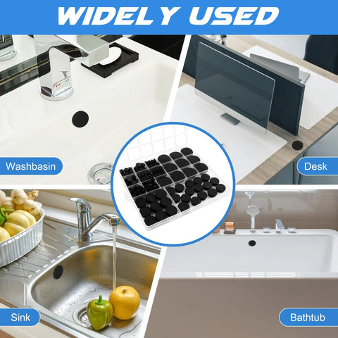 Super Tough 135 Pc Silicone Rubber Plug Kit With Eight Killer Sizes For DIY Repairs, Dust Proof Sealing And Fancy Garage Gasket Fixes That Keep Your Gear Clean And Looking Totally Fresh Any Time. Black silicone rubber hole plugs in assorted sizes for sink, desk, washbasin, and bathtub sealing.