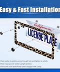Cheetah Leopard License Plate Frame Stainless Steel Dope Car Decor With Screws Non Blocking Fits Standard US Size 12.3 By 6.3 Inches Brown Finish Animal Pattern License Plate Holder shown with installation steps.
