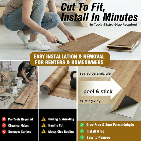 Waterproof Peel And Stick Floor Tile Earthen Oak Vinyl Plank Flooring shown installed in a room with installation tools.