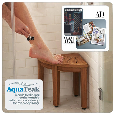 Kai OptiAREA Teak Foot Rest For Corner Showers Go-To Durable Water Resistant Foot Stool With No Slip Feet Space Saving Design For Indoor And Outdoor Use Perfect For Shaving Legs