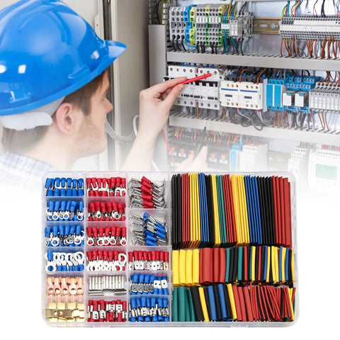Heavy Duty 678 Piece Crimping Tool Kit With Assorted Cold Press Terminals And Heat Shrink Tubing For Electrical Wiring Projects, displayed in organized container.