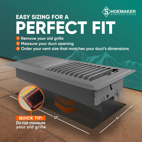 Heavy Duty Boss Grade 4x12 Floor Register Storm Gray Metal Vent Cover with measurement guide for home installation