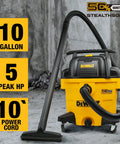 Heavy Duty 10 Gallon Wet Dry Shop Vacuum Featuring Straight Up Quiet Stealth Sonic Motor And Insane Suction Power For Garage Jobsite Workshop Cleanups Or Auto Detailing With All Attachments Included shown with 10 gallon capacity and 5 peak HP