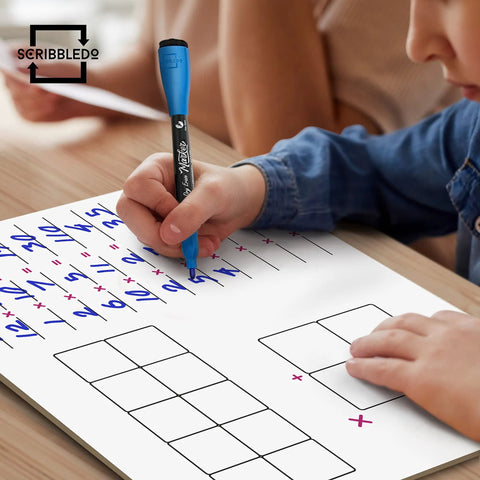 Child writing on 11 By 14 Dry Erase Multiplication Chart Whiteboard, Double Sided Multiplication Table For Homeschool And Classroom.