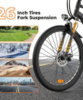 Beast Mode 1500W Peak Electric Bike For Adults showing 26 inch tires on asphalt, highlighting fork suspension capability.