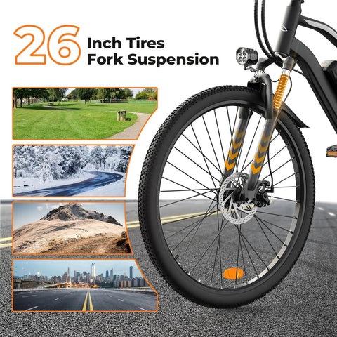 Beast Mode 1500W Peak Electric Bike For Adults showing 26 inch tires on asphalt, highlighting fork suspension capability.