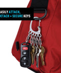 Bigfoot Locker Key Rack with Five Locking S Biners and Stainless Steel Carabiner Chain attached to red bag