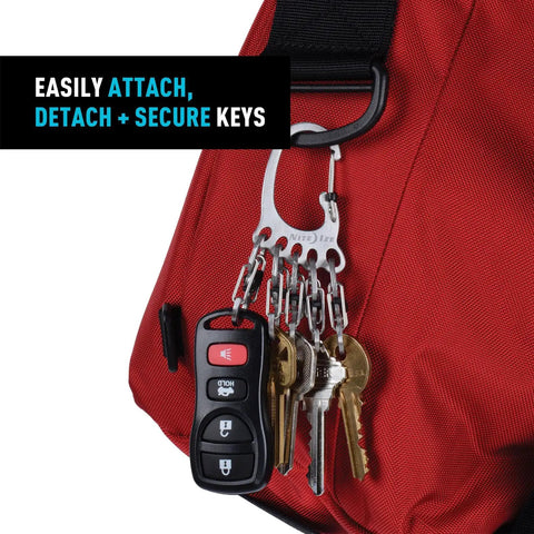 Bigfoot Locker Key Rack with Five Locking S Biners and Stainless Steel Carabiner Chain attached to red bag