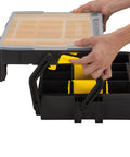 Hands opening Multi Level Organizer Box With Dividers And Cantilever Design Portable And Linkable For Easy Access