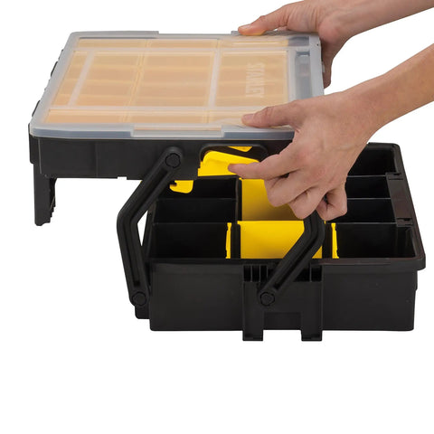 Hands opening Multi Level Organizer Box With Dividers And Cantilever Design Portable And Linkable For Easy Access