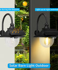 Image showing Solar Barn Lights With Motion Sensor And 3 Lighting Modes, Waterproof Outdoor Wall Light illuminated and charging in day.