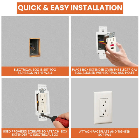 Quick installation of 5 Pack 1 Gang Electrical Box Extenders with 10 Screws, showing step-by-step application on a wall socket.