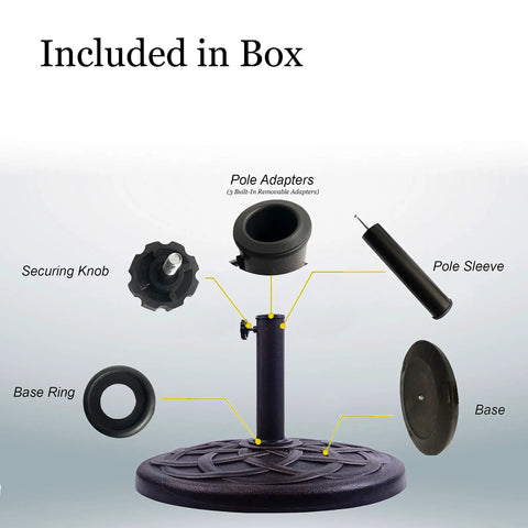 Components of Heavy Duty 21 Pound Bronze Umbrella Base With 17 Inch Diameter shown, including base, pole sleeve, and adapters.