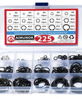 Heavy Duty Snap Ring Kit With 225 Quality Circlips Covering M3 To M25 Sizes Built From Tough Black Alloy Steel organized in a box.
