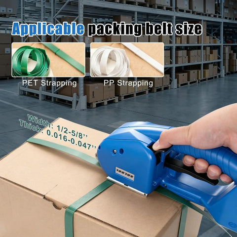 Cordless Electric Strapping Tool For Half To Five Eighths Inch PP And PET Straps Handheld Auto Sealer With Two Batteries in use on box