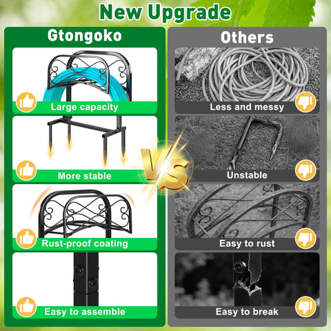 Comparison image showing Outdoor Garden Hose Holder Stand 43 Inches Tall With Four Prongs Base Detachable Metal Hose Keeper versus others