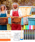 Beekeepers holding frames with All In One Queen Bee Marking Kit With 8 Pens 2 Bottles And 5 Plastic Cage Clips For Beekeepers.