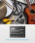 Gig Ready 4 Channel Stereo Audio Mixer USB Powered 5V Ultra Low Noise Submixing Console with musical instruments
