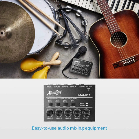 Gig Ready 4 Channel Stereo Audio Mixer USB Powered 5V Ultra Low Noise Submixing Console with musical instruments