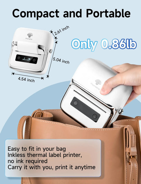 3 Inch Label Maker Portable Printer For Home Office, 2026 Upgrade with 2200mAh Battery shown being placed in a bag.