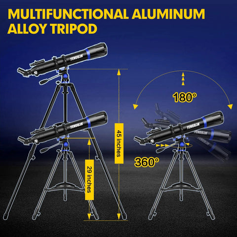 90mm Aperture 800mm Focal Length Refractor Telescope with multifunctional tripod for stability in any direction.