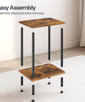 Set Of Two Rustic Brown End Tables Featuring Built Tough Industrial Frames Double Tier Storage Compact Side Tables And Nightstands For Living Rooms And Bedrooms With Easy Peasy Assembly That Actually Holds Up in mid-assembly view with visible sturdy frames.