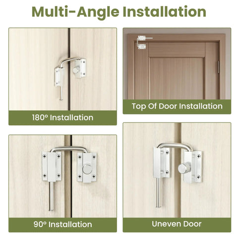 4 Inch Sliding Door Loop Lock with 90/180 Degree Install, U-Bolt Security Latch shown in various mounting positions on doors