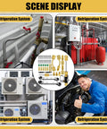 HVAC Vacuum Rated Valve Core Remover And Installer Tool Set with brass adapters, wrenches, cores in refrigeration system use