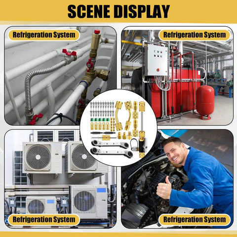 HVAC Vacuum Rated Valve Core Remover And Installer Tool Set with brass adapters, wrenches, cores in refrigeration system use