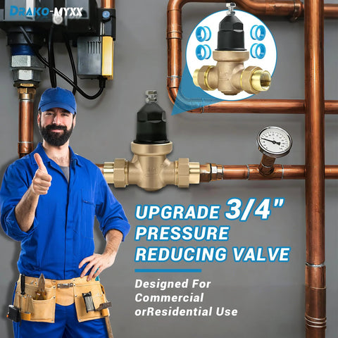 Front view of 3/4 in NR3XL pressure reducing valve with double union FNPT in copper pipe system; plumber nearby.
