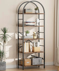 Arched Five Tier Bookshelf Tall Bookcase With Ample Storage For Books CDs And Office Essentials In Space Saving Modern Rustic Brown Finish for home office corner view