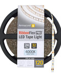 RibbonFlex Pro 24V White LED Strip Lights Dope Quality 120 LED Per Meter 4000K 32.8 Ft Flexible Cuttable Tape packaging front view