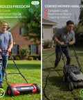 16 Inch Cordless Electric Reel Lawn Mower With Dual 36Wh Batteries For Long Run Time Up To 30 Minutes Of Mowing On Small To Medium Lawns Quiet Eco Friendly Yard Work No Fuss Easy Start, cordless reel mower in use