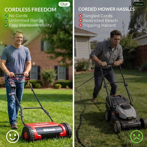 16 Inch Cordless Electric Reel Lawn Mower With Dual 36Wh Batteries For Long Run Time Up To 30 Minutes Of Mowing On Small To Medium Lawns Quiet Eco Friendly Yard Work No Fuss Easy Start, cordless reel mower in use
