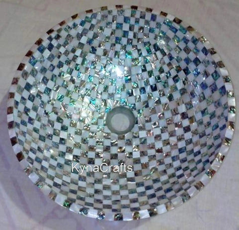 Top Shelf 18 Inch Square Mother Of Pearl Vessel Sink Sporting A Dope High Gloss Finish Perfect Showstopper For Luxury Bathroom Vanity And Modern Kitchen Powder Room Glow Up. View from above highlighting the intricate mosaic design.