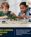 Children assembling Metal Airplane Building Kit For Kids Ages 8 16 285 Piece DIY Mechanical Engineering Set with tools.