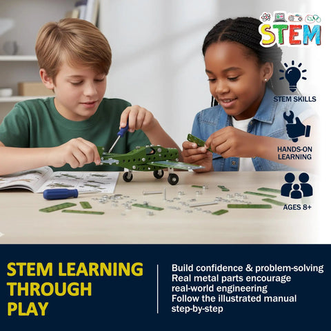 Children assembling Metal Airplane Building Kit For Kids Ages 8 16 285 Piece DIY Mechanical Engineering Set with tools.
