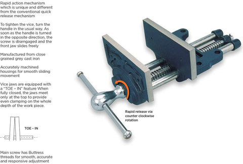 Rapid Action 9 Inch Woodworking Vise With Thirteen And A Half Inch Jaw Opening, Slide Jaw To Engage Without Cranking, Shop Ready Buttress Screw, Cast Iron Body With Toe In Jaws For Workbenches Cabinets And Furniture Building with rapid release mechanism and grey cast iron.