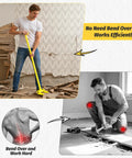 48 Inch Pallet Buster Heavy Duty Pry Bar With 110 Degree Deck Board Removal Tool Built From Carbon Steel To Tear Through Decks Pallets And Standing Hardwood Demolition, shown prying floor boards