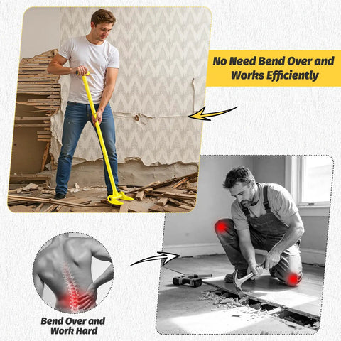 48 Inch Pallet Buster Heavy Duty Pry Bar With 110 Degree Deck Board Removal Tool Built From Carbon Steel To Tear Through Decks Pallets And Standing Hardwood Demolition, shown prying floor boards