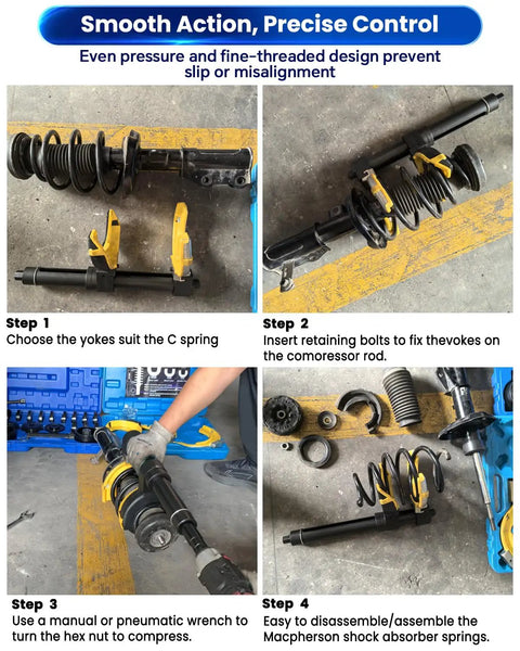 MacPherson Strut Spring Compressor Kit Universal Interchangeable Fork Coil Extractor Tool Set For BMW And Mercedes Benz displayed in use
